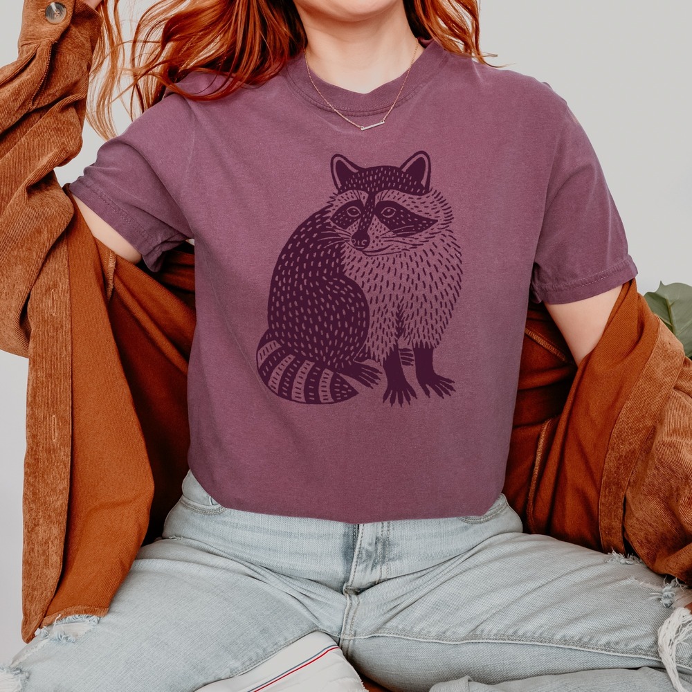 Linocut Style Raccoon Striped Tail Boho Tee